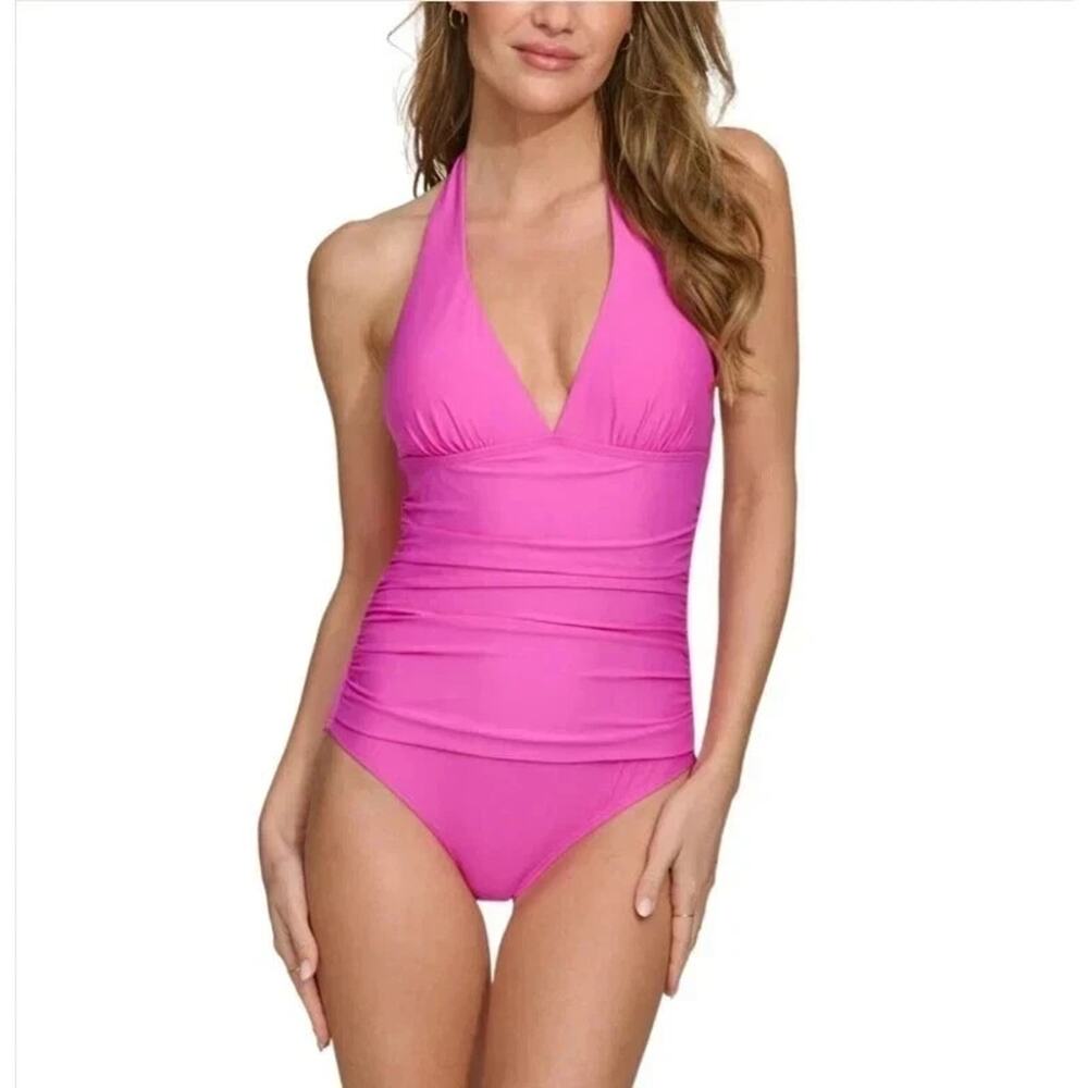 DKNY Women's Tie-Back Halter One-Piece Swimsuit Carnation Pink Size Medium NWOT - Picture 1 of 5